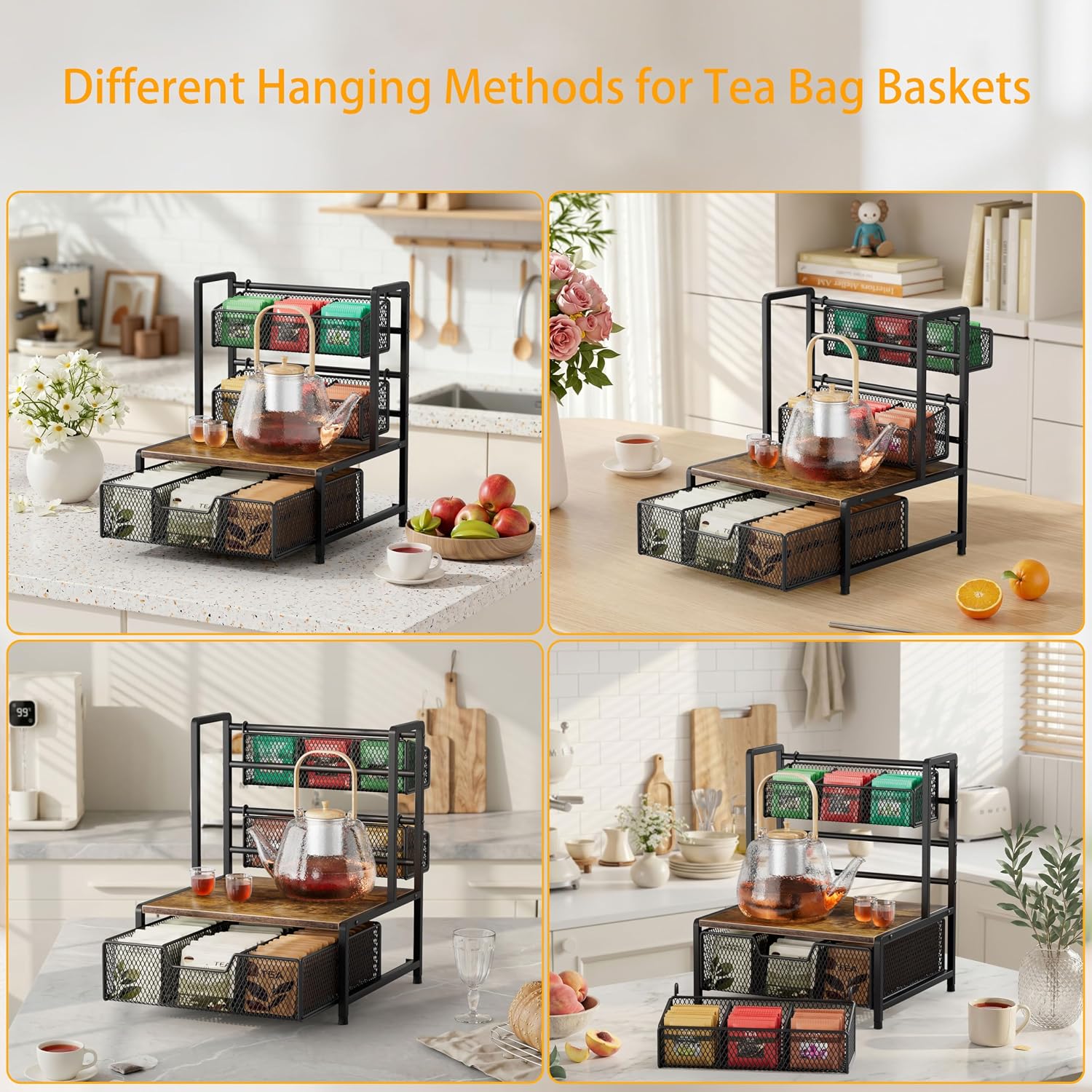 Tea Bag Organizer, 3 Tier Tea Bag Holder with Drawer, Tea Storage Chest for Countertop