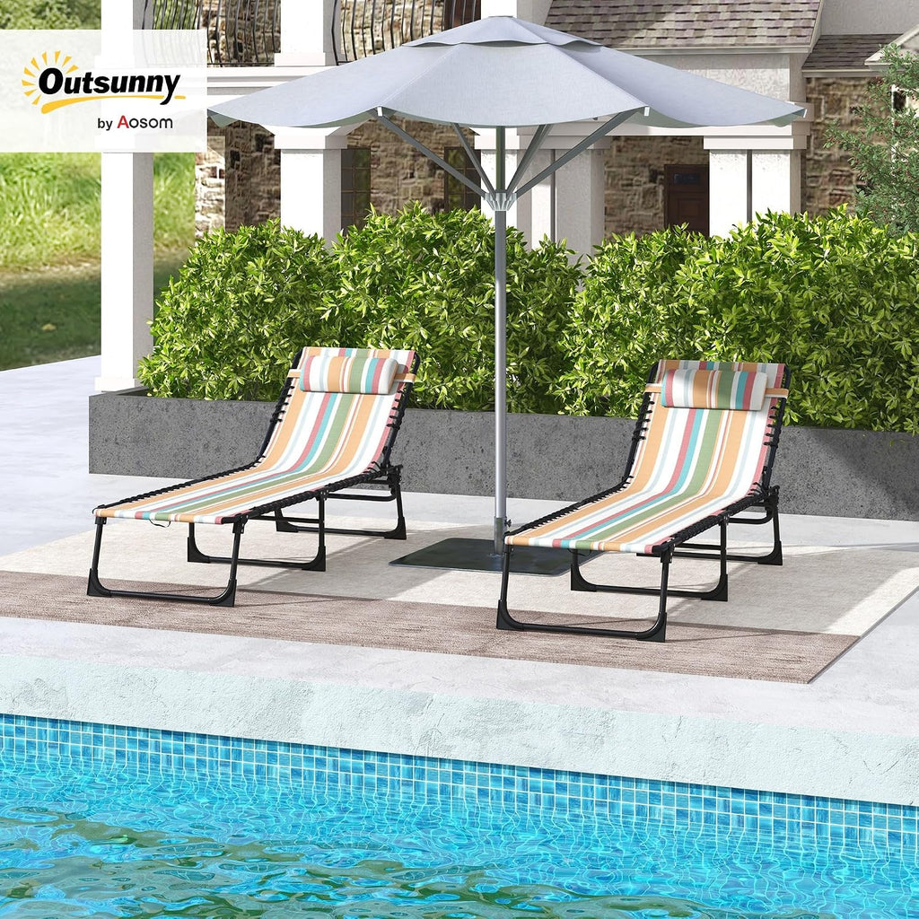 Outsunny Folding Chaise Lounge Chair Set of 2, Patio Sun Tanning Chair, Outdoor Chaise Lounger with 4-Position Reclining Back, Breathable Mesh Seat for Beach, Poolside, Rainbow Striped