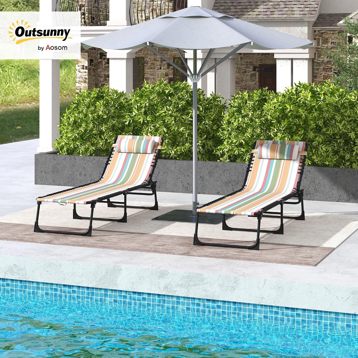 Outsunny Folding Chaise Lounge Chair Set of 2, Patio Sun Tanning Chair, Outdoor Chaise Lounger with 4-Position Reclining Back, Breathable Mesh Seat for Beach, Poolside, Rainbow Striped