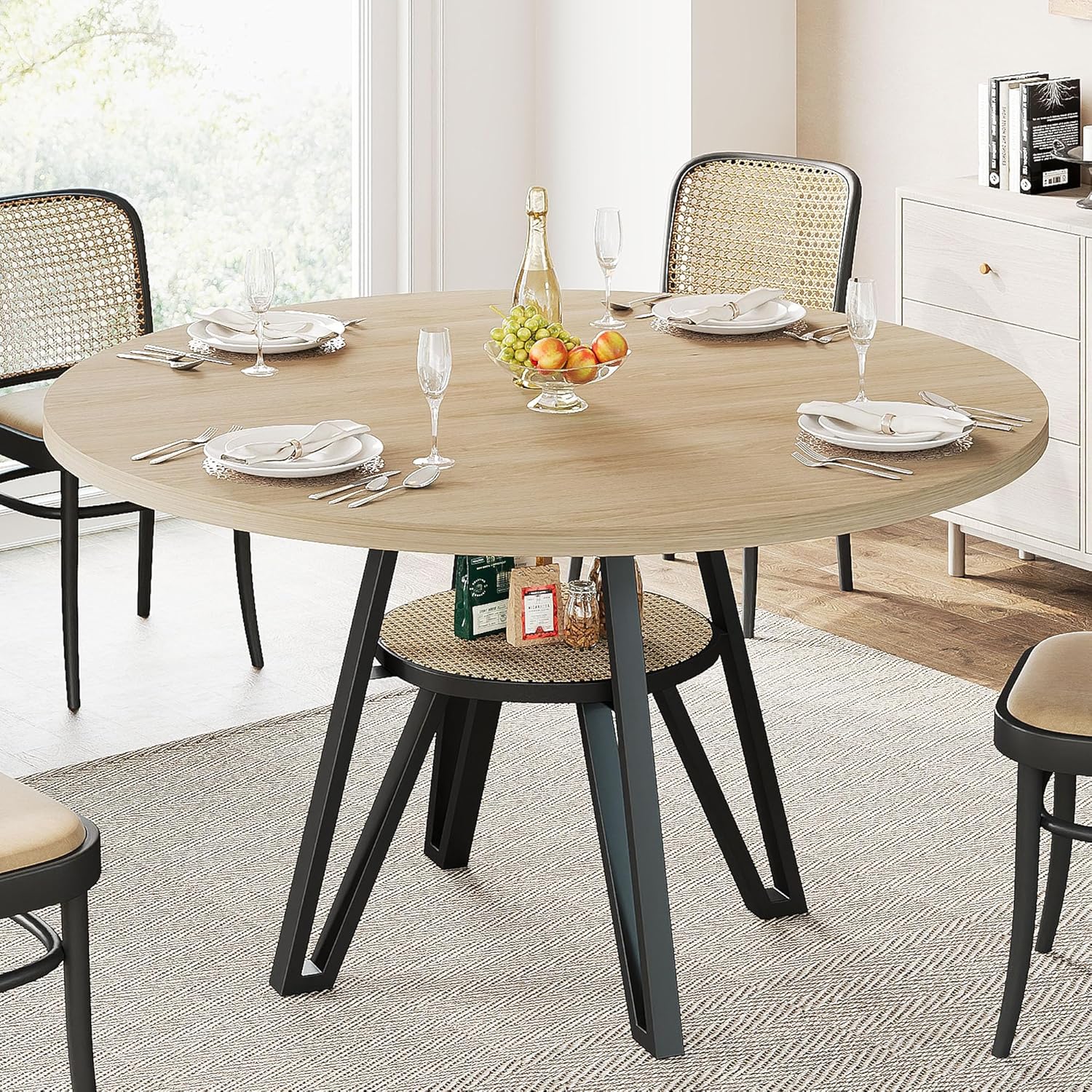LIKIMIO 47.2" Round Dining Table for 4, Kitchen Table with Rattan Storage Shelf, Space Saving, Farmhouse Wood for Dining Room, Living Room,Natural