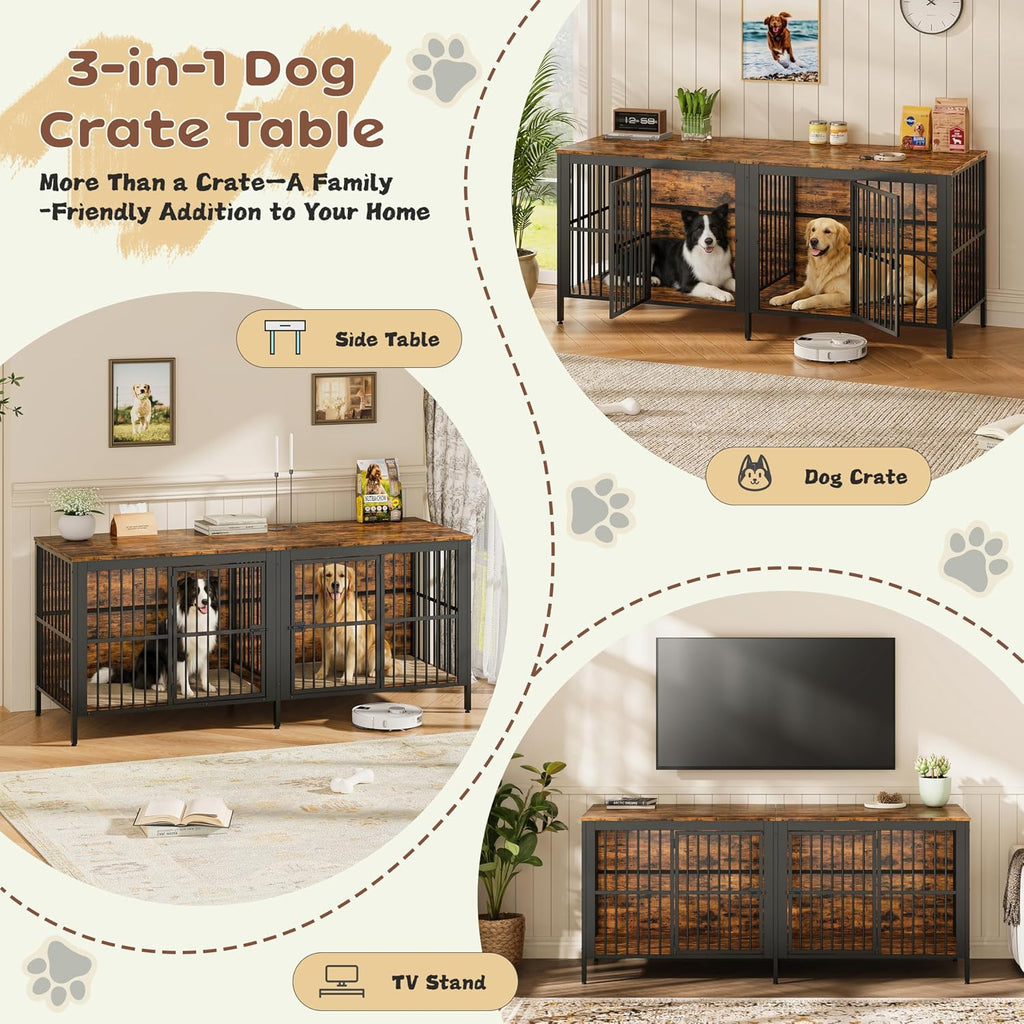 80" Dog Crate End Table, Rustic Brown, Large & Medium Dogs