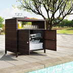 Outsunny Wicker Outdoor Storage Cabinet, Rattan Bar Table with Acacia Wood Countertop, 2 Doors and Shelf, Buffet Cabinet Sideboard for Poolside, Garden, Patio, Backyard, Brown