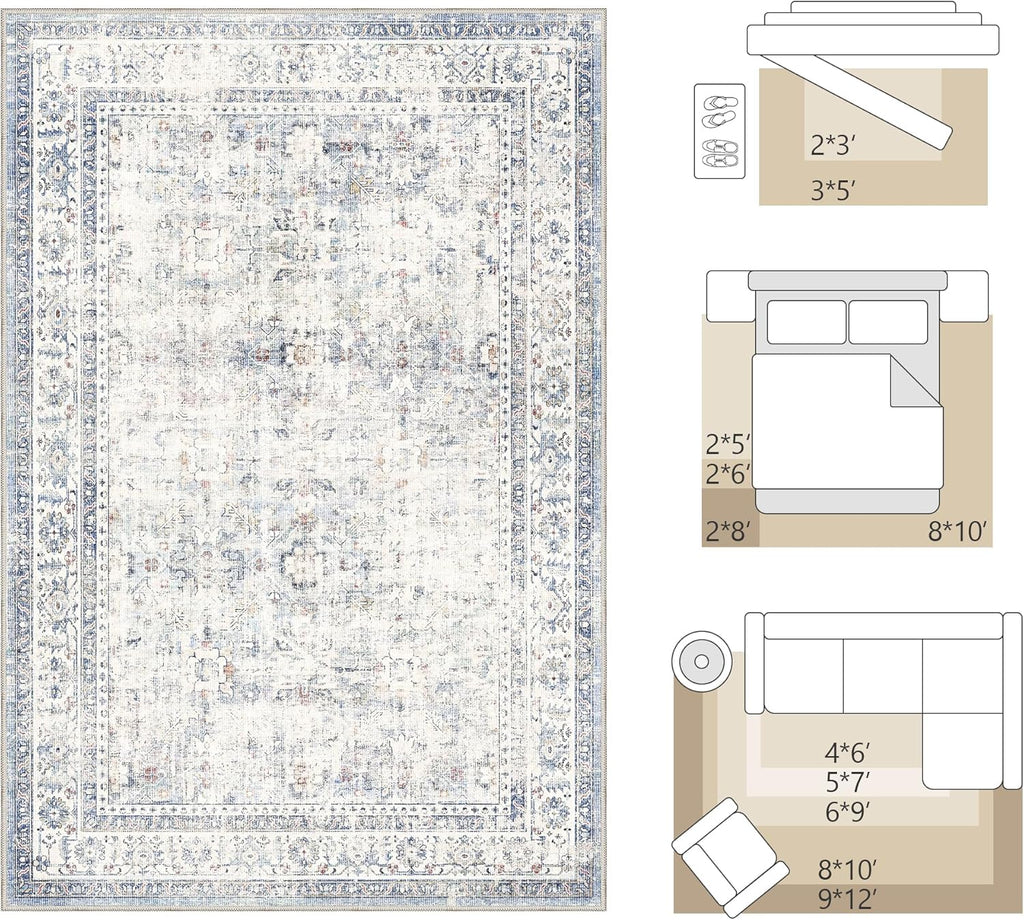 FMFUNCTEX 2x6 Hallway Runner Rug Blue Neutral Vintage Washable Distressed Non Slip Low Pile Oriental Indoor Carpet Soft Retro Entryway Rug for Kitchen Laundry Entrance Entry Living Room Bedroom