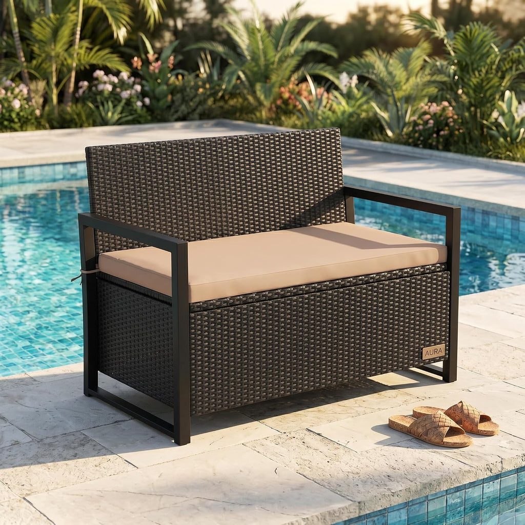 2-in-1 Outdoor Wicker Patio Storage Bench, 40 Gallon Loveseat with Removable Cushion, 800 LBS Capacity Weather Resistant Seat for Backyard Poolside