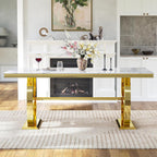 69" Faux Marble Dining Table for 6, Modern Rectangular Kitchen Table with Gold Mirrored Stainless Steel Double H-Shape Base, Luxury Dining Table for Living Room, Home Office