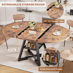 47‘’-61‘’ Extendable Round Dining Table for 6-8, Modern Industrial Kitchen Oval Dining Table with Removable Leaves, Space Saving Pedestal Base with Storage Shelf for Kitchen Living Room (Vintage)