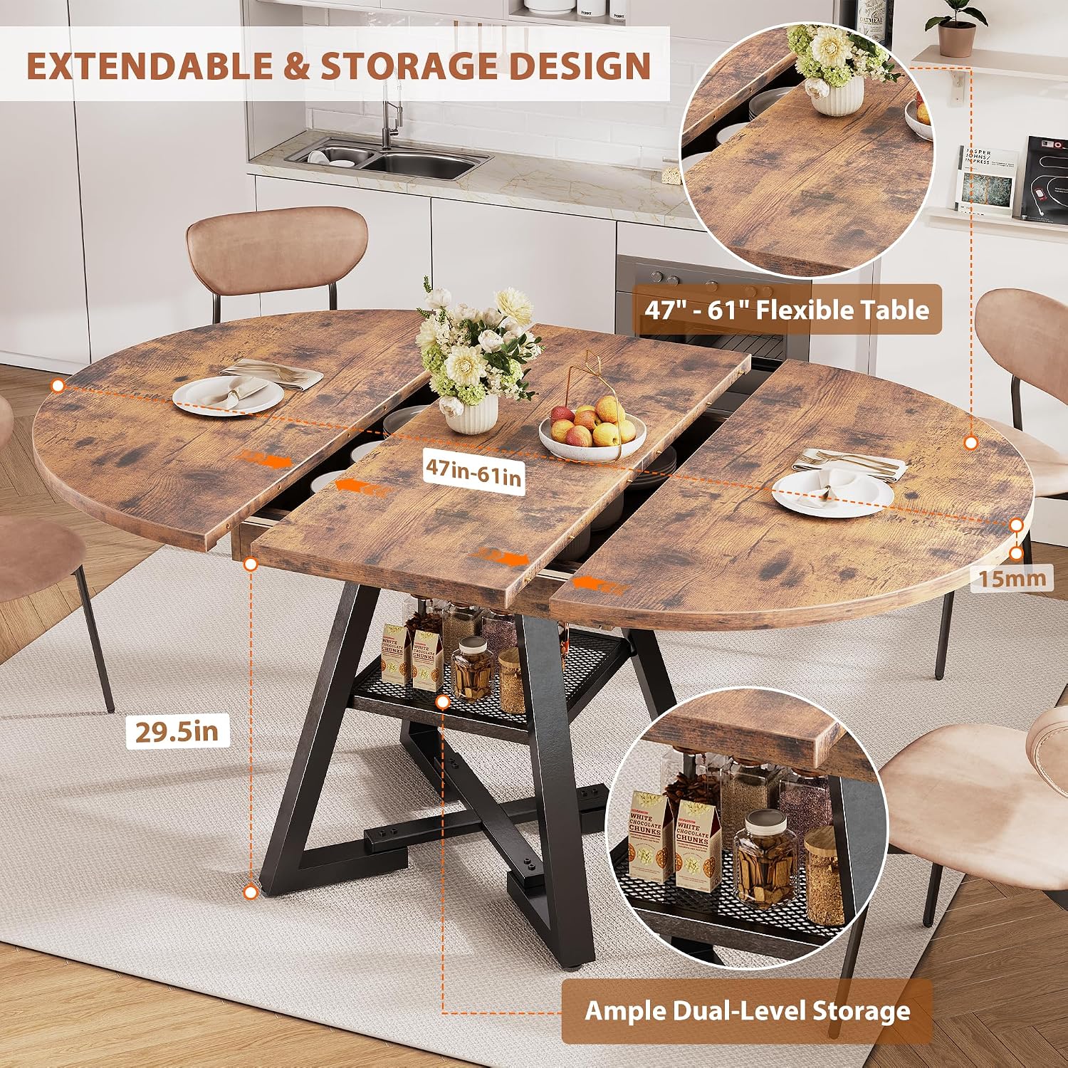 47‘’-61‘’ Extendable Round Dining Table for 6-8, Modern Industrial Kitchen Oval Dining Table with Removable Leaves, Space Saving Pedestal Base with Storage Shelf for Kitchen Living Room (Vintage)