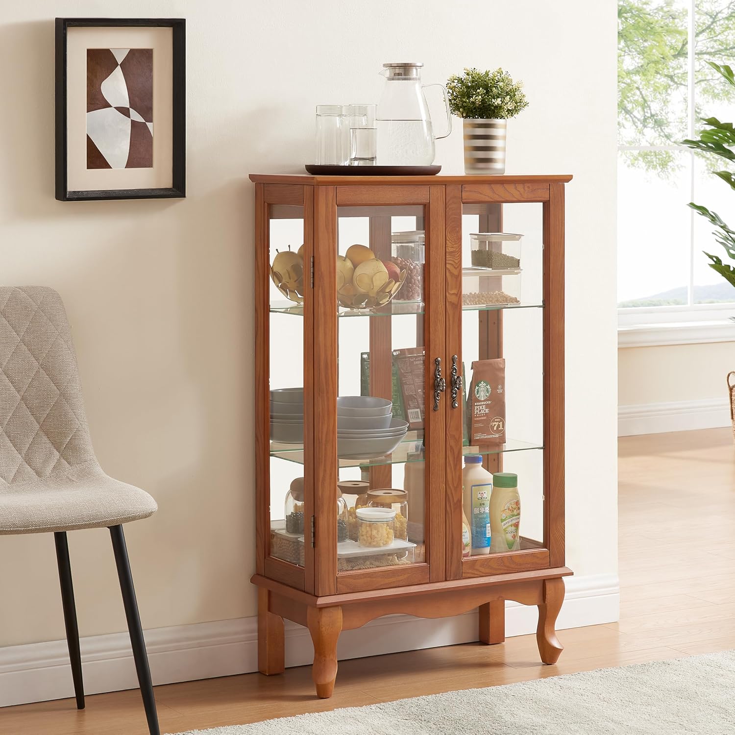 3-Tier Lighted Glass Display Curio Cabinet with 2 Tempered Glass Doors,Curio Case with Mirrored Back Panel & Adjustable Shelves,Wine Artwork Display Cabinet for Living Room,Kitchen(Oak_2)