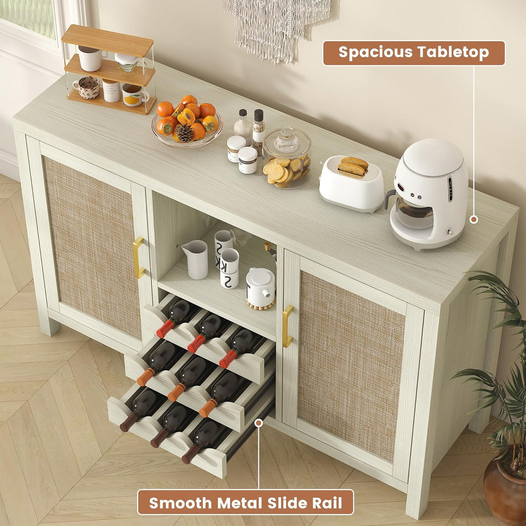 Rattan Wine Bar Cabinet, Boho Rattan Home Bar with Glass Holder and Drawer Style Racks, Oak Sideboard Buffet Storage Cabinet for Living Dining Room Kitchen (White Oak)