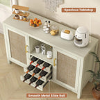 Rattan Wine Bar Cabinet, Boho Rattan Home Bar with Glass Holder and Drawer Style Racks, Oak Sideboard Buffet Storage Cabinet for Living Dining Room Kitchen (White Oak)