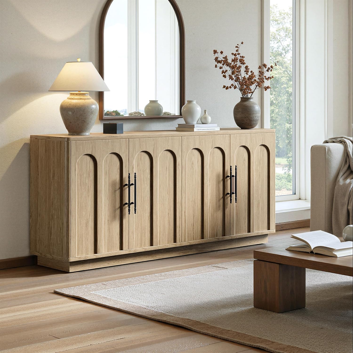 Evermagin 67" Arched Oak Sideboard Buffet Cabinet with Storage | Mid-century modern wood sideboard, large credenza with 4 doors for kitchen or living room, 67"W x 31.5"H x 15.7"D