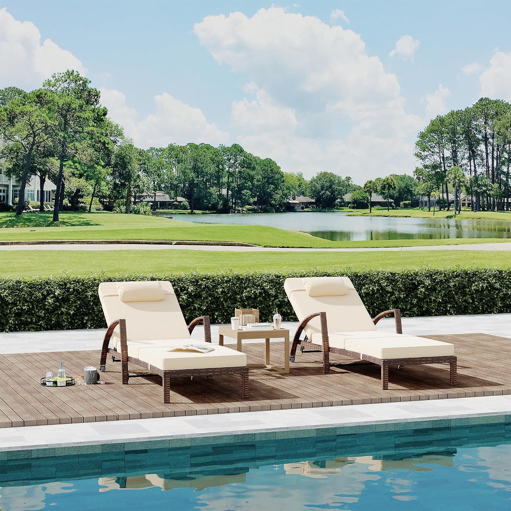 Outdoor Lounge Chairs Set of 2, Pool Lounge Chairs for Outside Patio Furniture, Outdoor PE Rattan Wicker Patio Chaise with 5-Positions Adjustable for Poolside, Deck,Beige