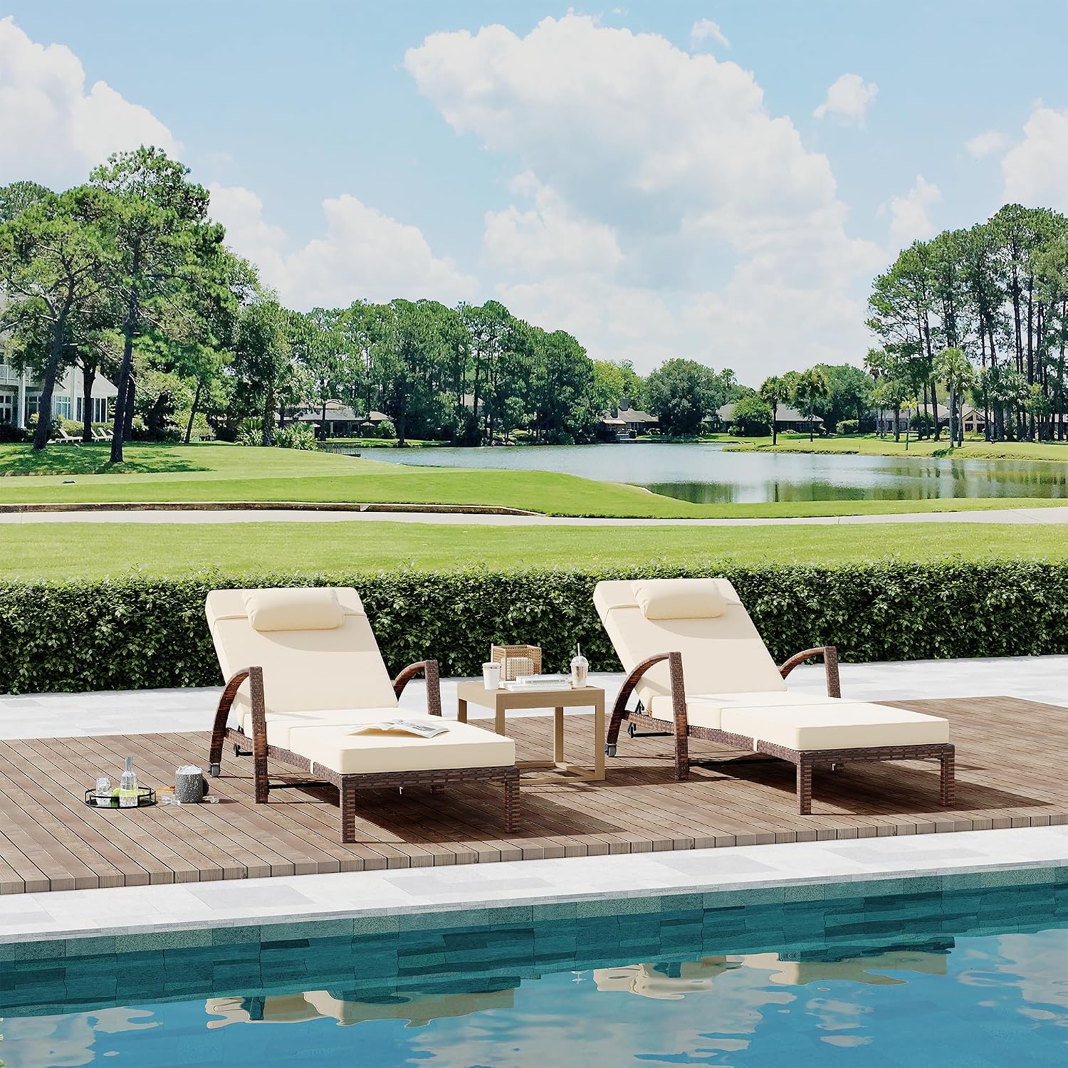 Outdoor Lounge Chairs Set of 2, Pool Lounge Chairs for Outside Patio Furniture, Outdoor PE Rattan Wicker Patio Chaise with 5-Positions Adjustable for Poolside, Deck,Beige