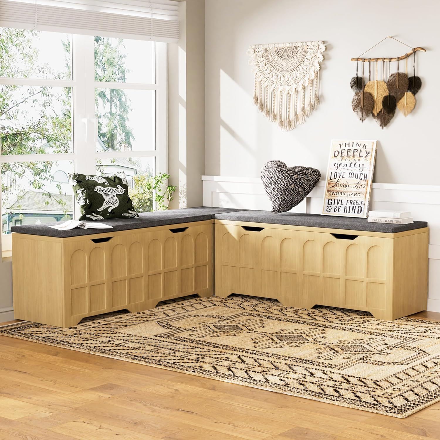 3-Piece L-Shaped Multifunctional Storage Bench with Padded Shoe Bench, Serves as a Kitchen Corner Stool, Toy Storage Box, or Reading Nook seat, Natural Color, 63" D x 63" W x 19.1" H