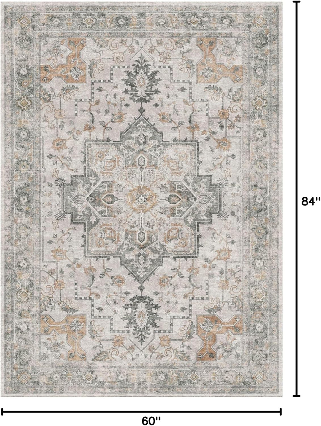 GENIMO 5X7 Area Rugs for Living Room, Machine Washable Non Slip Vintage Area Rugs, Low Pile Lightweight Print Rug for Bedroom, Dining Room, Home Office, Light Taupe Brown