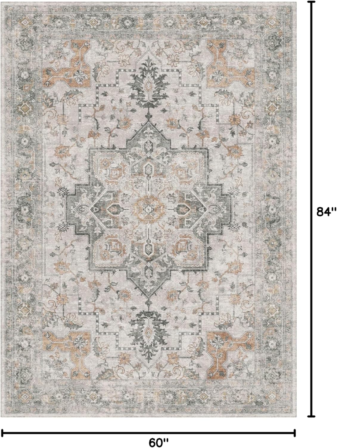 GENIMO 5X7 Area Rugs for Living Room, Machine Washable Non Slip Vintage Area Rugs, Low Pile Lightweight Print Rug for Bedroom, Dining Room, Home Office, Light Taupe Brown