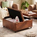 LINLUX Extra Large Leather Storage Ottoman, 35.5 Inch Large Square Lift Top Ottoman Coffee Table with Storage, Tufted Leather Ottoman Footrest Toy Box for Living Room, Brown