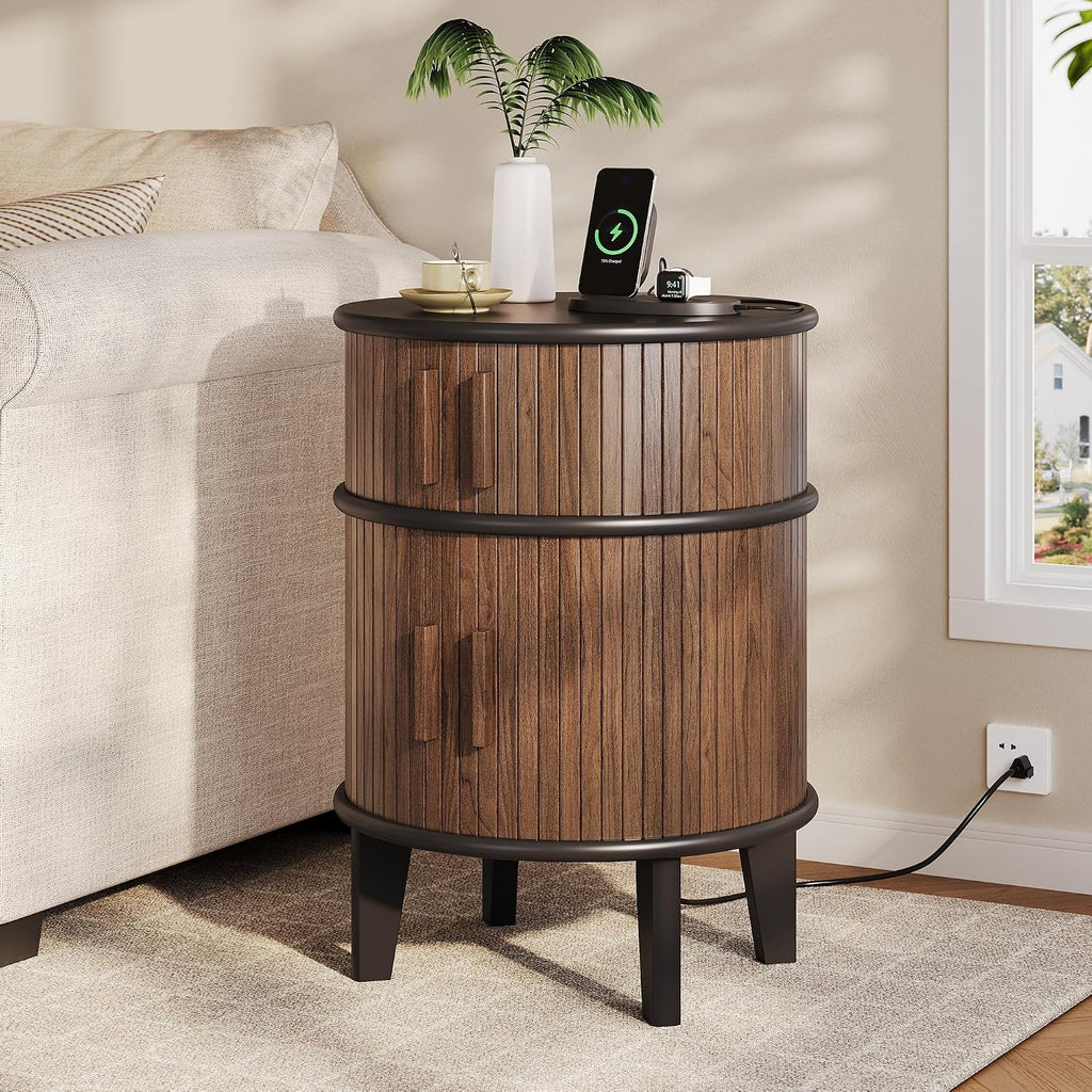 ONBRILL Fluted Round End Table with Storage, Mid-Century Modern Side Table with Charging Station, Small Wood Nightstand Bedside Table for Small Space Sofa Couch Bedroom Living Room (Walnut)