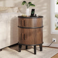 ONBRILL Fluted Round End Table with Storage, Mid-Century Modern Side Table with Charging Station, Small Wood Nightstand Bedside Table for Small Space Sofa Couch Bedroom Living Room (Walnut)