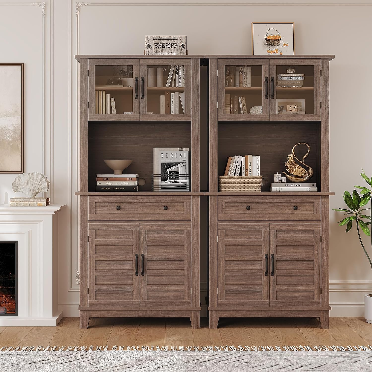Garvee 72 in Tall Kitchen Pantry Cabinet, Kitchen Hutch Bar Cabinet with Microwave Stand, Cupboard with Drawers Glass Doors for Dining Room, Living Room, Brown