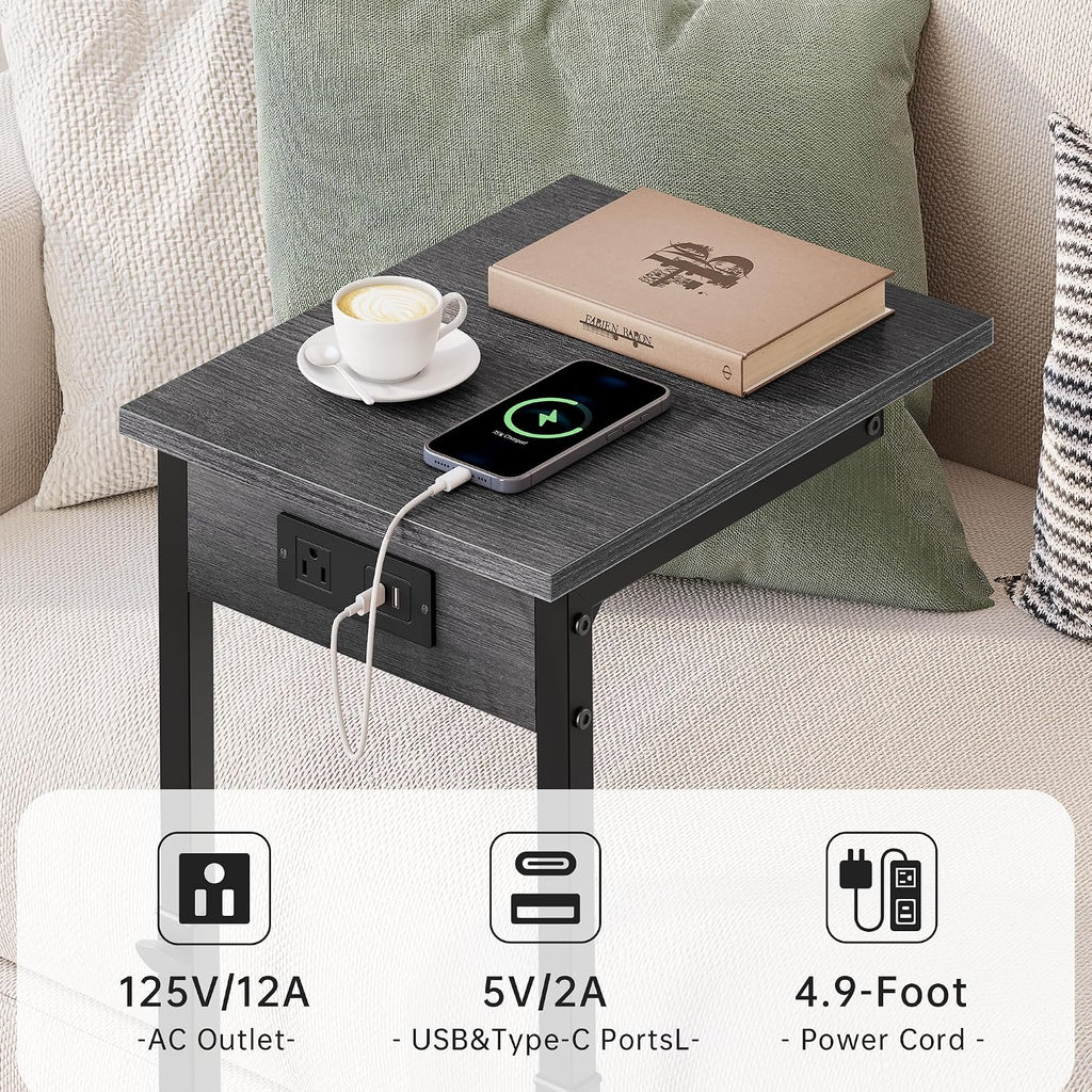 Vagusicc C Shaped End Table with Charging Station, 33" Tall Side Table for Couch, Adjustable Height C Table End Table, Couch Table Slide Under Sofa Table TV Tray Table for Living Room, Gray Walnut