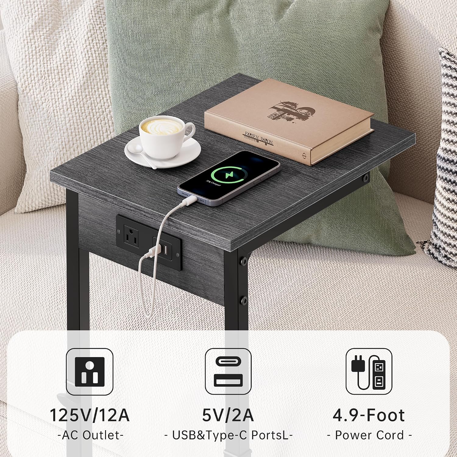 Vagusicc C Shaped End Table with Charging Station, 33" Tall Side Table for Couch, Adjustable Height C Table End Table, Couch Table Slide Under Sofa Table TV Tray Table for Living Room, Gray Walnut