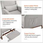 Nursery Rocking Chair with Footrest, Glider Rocking Nursing Chair Indoor, Upholstered Accent Nursery Glider Chair Rubber Wood Legs for Baby Nurser, Bedroom, Living Room, Light Gray