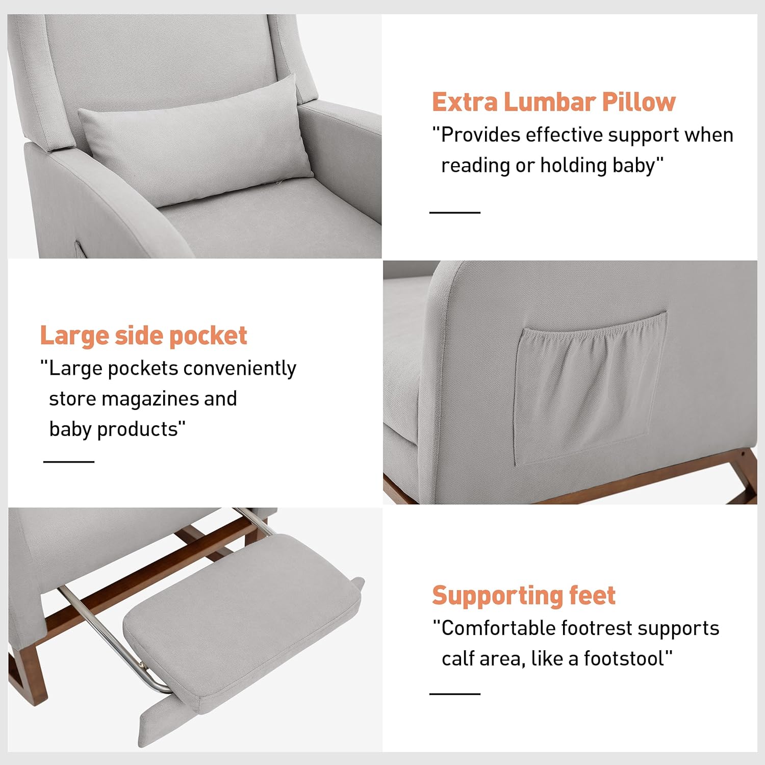 Nursery Rocking Chair with Footrest, Glider Rocking Nursing Chair Indoor, Upholstered Accent Nursery Glider Chair Rubber Wood Legs for Baby Nurser, Bedroom, Living Room, Light Gray