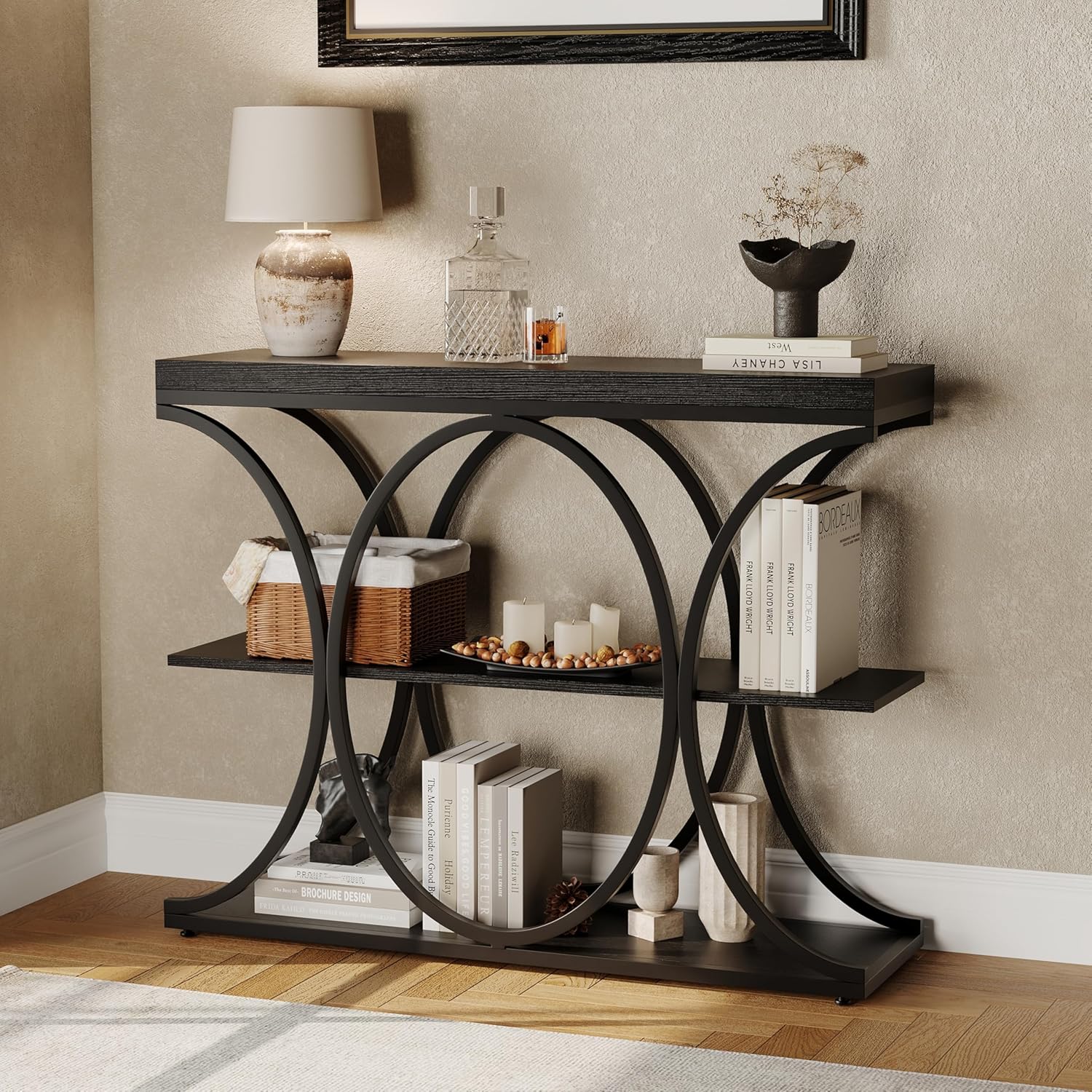 Garvee 39" Narrow Console Tables for Entryway, Industrial 3-Tier Sofa Table with Round Metal Base and Storage Shelves for Living Room, Hallway, Foyer, Black Wood Grain