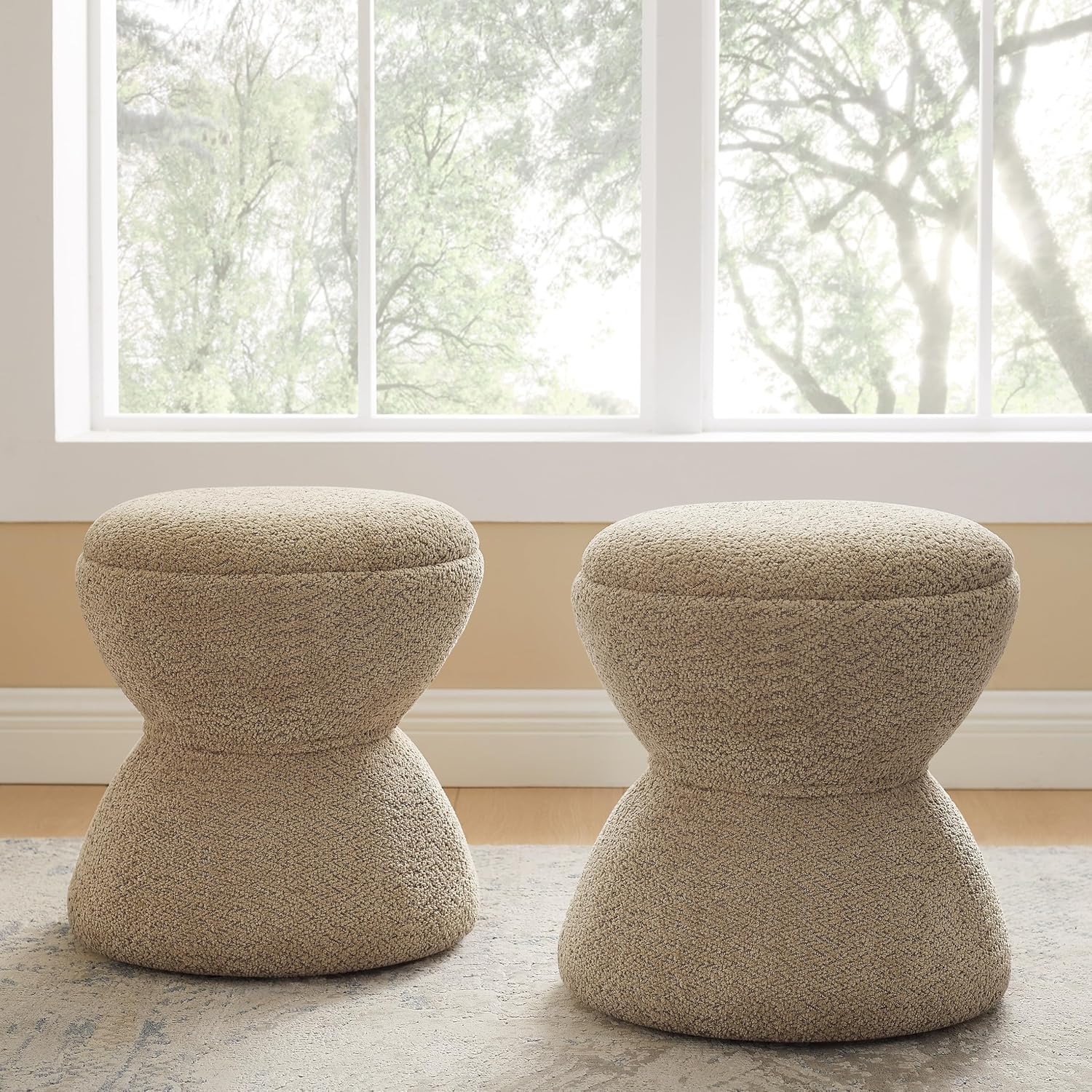 VANOMi Multi-Functional Boucle Ottoman, Set of 2, Vanity Stool Chair, Sturdy Wooden Footstool, Suitable for Living Room, Bedroom, and Entryway, Without Installation, Camel