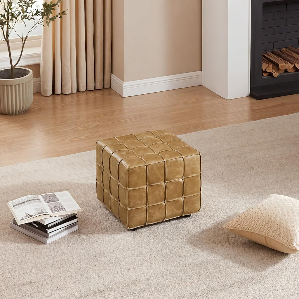 Art Leon Real Leather Ottoman - Square Foot Rest Footstool, Modern Sofa Stool for Living Room Bed Room,Light Brown