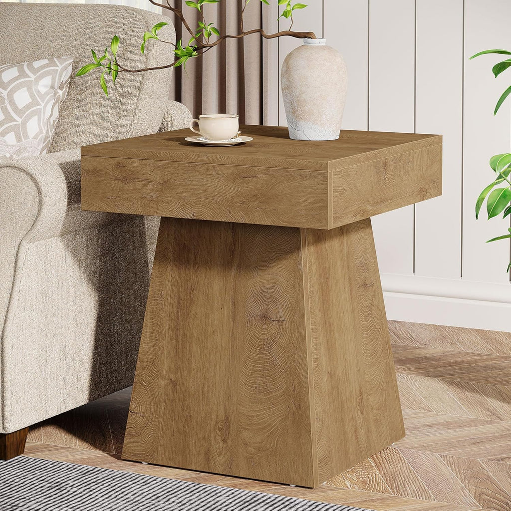 Tribesigns Small End Table, Rustic Square Side Table with Wide Base, Farmhouse Small Nightstand Beside Bed, Next to Armchair, for Living Room, Light Brown
