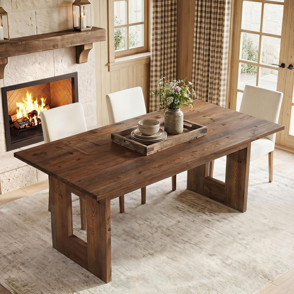 63" Solid Wood Dining Table for 4-6 People, Rustic Rectangular Wood Kitchen Table with Thick Top & Heavy-Duty Legs for Dining Room, Living Room, Rustic Brown
