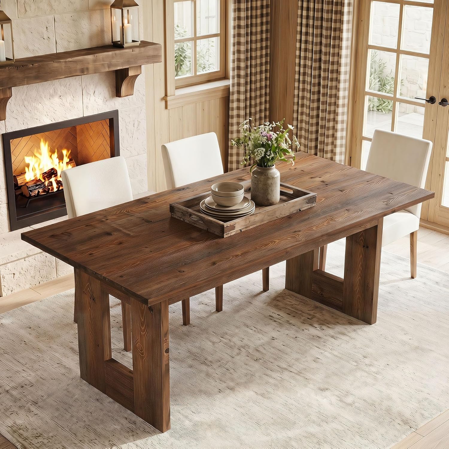 63" Solid Wood Dining Table for 4-6 People, Rustic Rectangular Wood Kitchen Table with Thick Top & Heavy-Duty Legs for Dining Room, Living Room, Rustic Brown