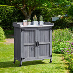 Yaheetech Garden Potting Bench Table, Outdoor Garden Horticultural Wooden Storage Cabinet & Solid Wood Planting Work Bench with Large Space Storage & Metal-Plated Tabletop, Gray