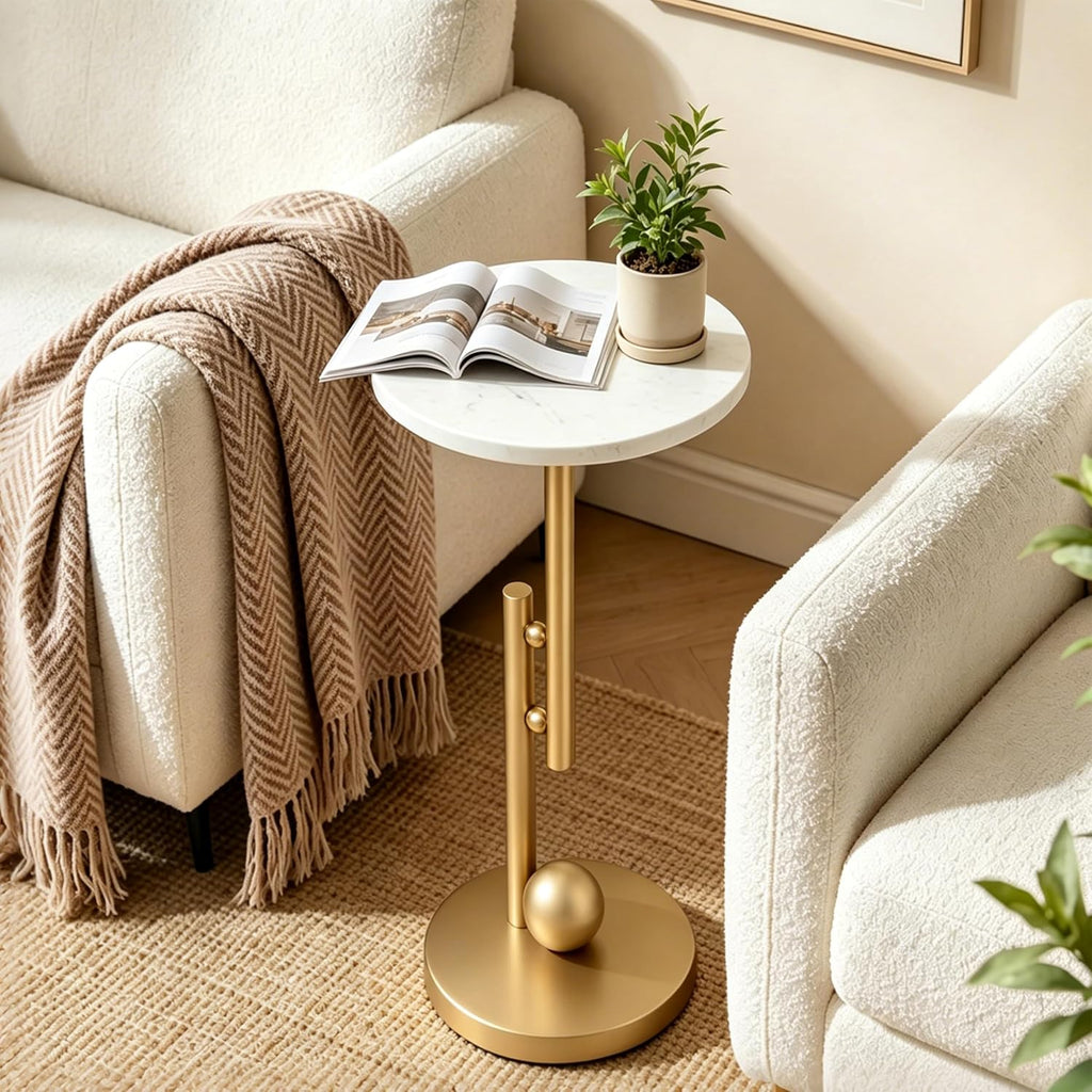 Small Marble End Table, Round Side Table, Modern Drink Table, Pedestal Accent Table for Living Room, Bedroom, Sofa Side, Nightstand for Small Spaces, Easy Assembly, White and Gold