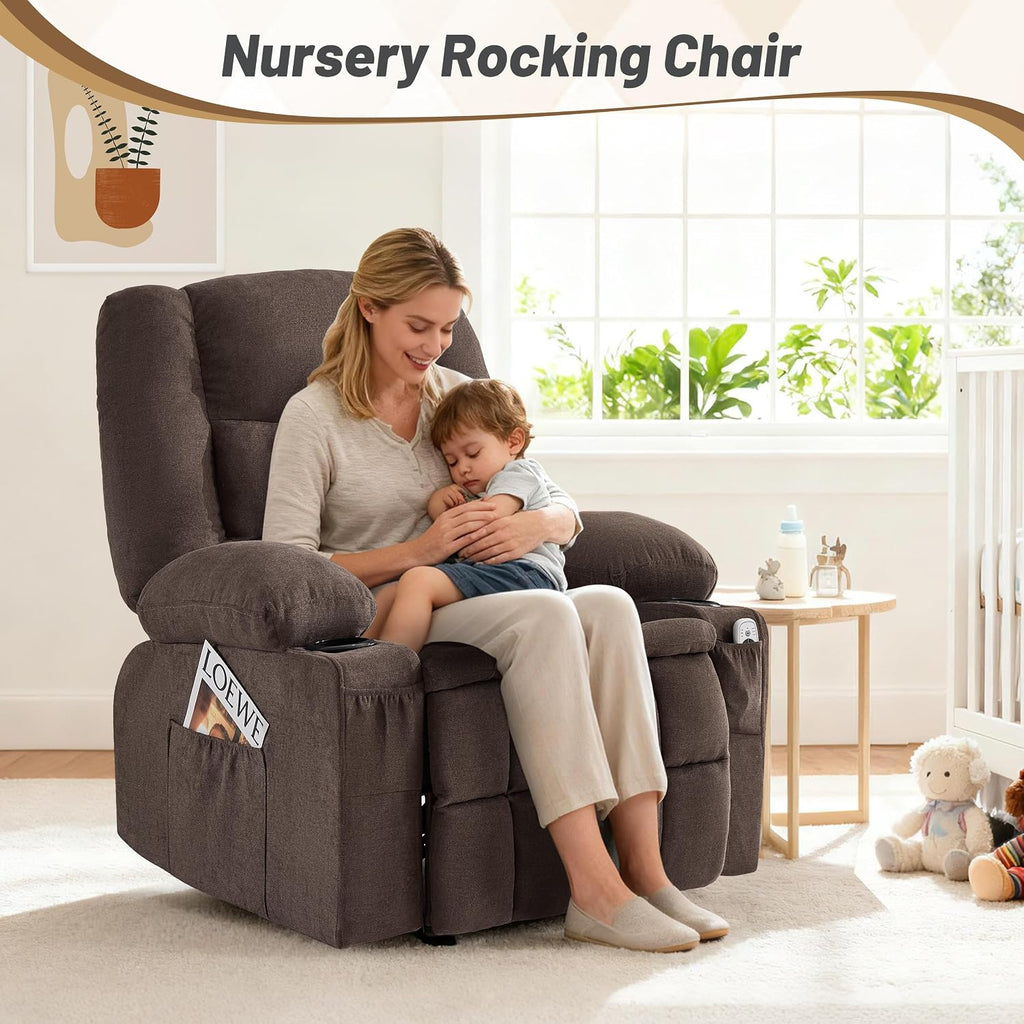 Rocker Recliner Chair with Massage and Heat, Nursery Rocking Chairs for Living Room, Ergonomic Comfy Relining Chair with Cup Holders, USB Charge Port, Side Pockets, Comfortable Arms, Brown