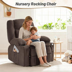 Rocker Recliner Chair with Massage and Heat, Nursery Rocking Chairs for Living Room, Ergonomic Comfy Relining Chair with Cup Holders, USB Charge Port, Side Pockets, Comfortable Arms, Brown