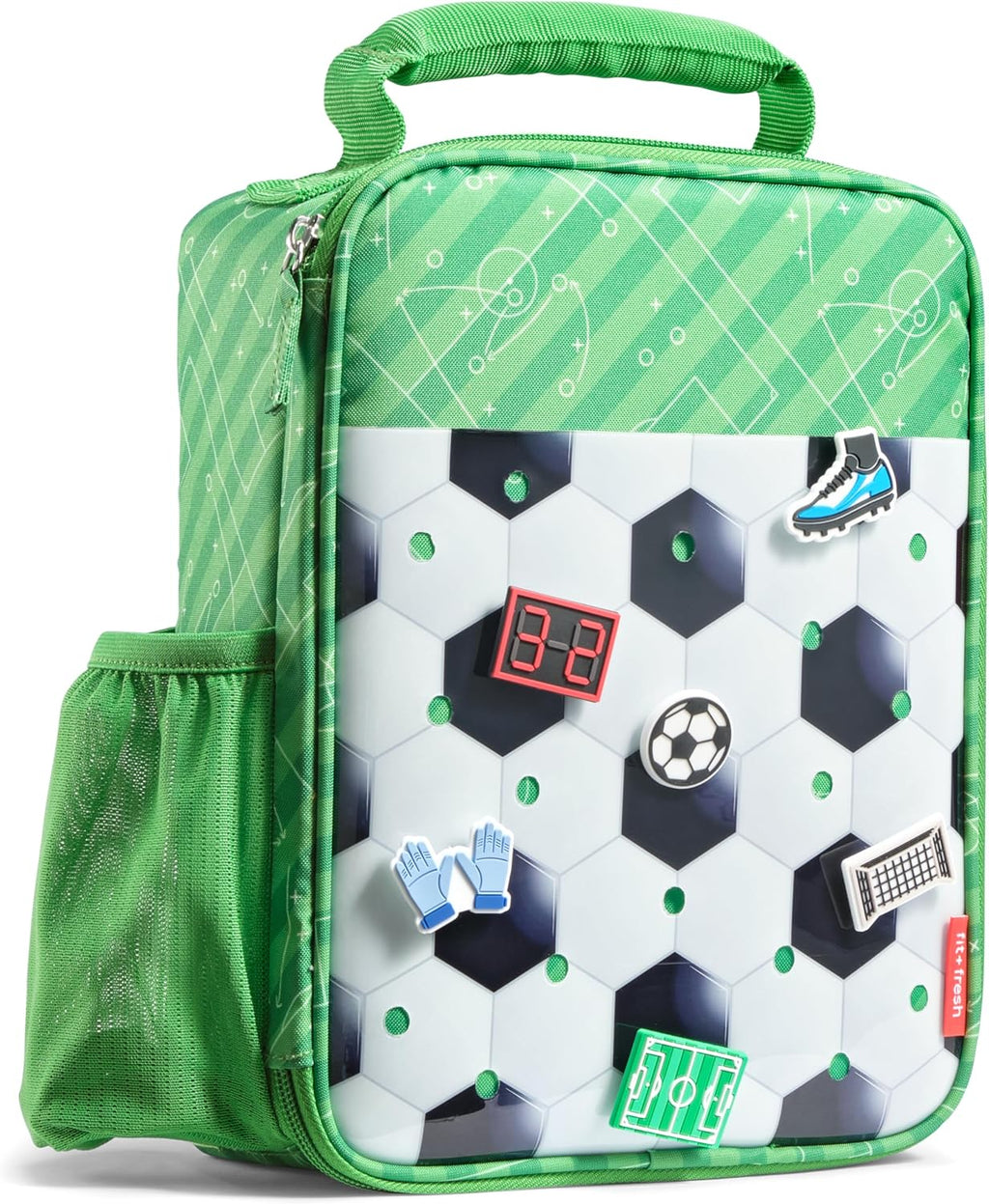 Fit & Fresh Customizable Charm Lunch Bag for Boys & Girls, Soccer Kids Lunch Box with 6 Sports Charms, Premium Insulated Reusable Lunch Tote for School