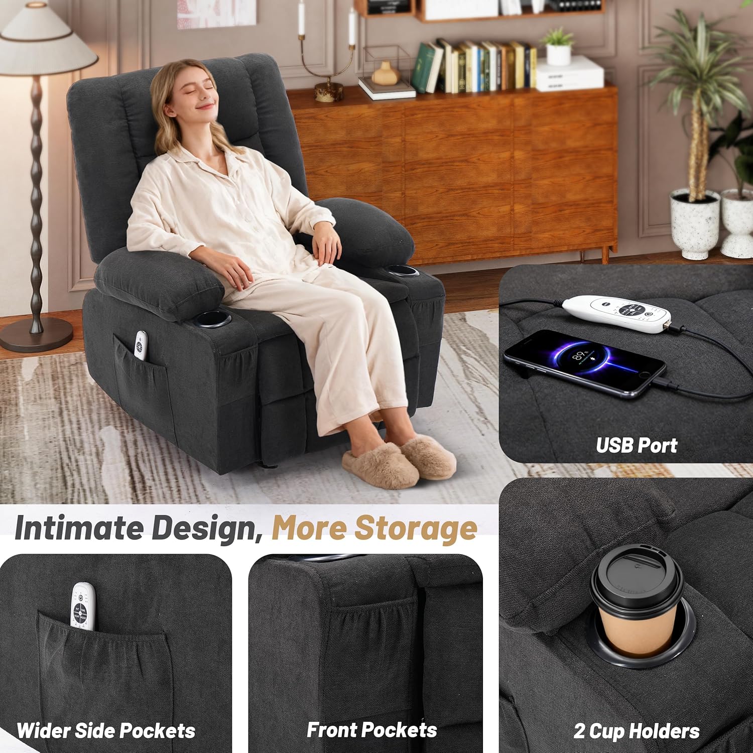 Rocker Recliner Chair with Massage and Heat, Recliner Chair for Adults, Nursery Rocking Chairs for Living Room, Ergonomic Comfy Relining Chair with Cup Holders, USB Charge Port, Side Pockets, Black