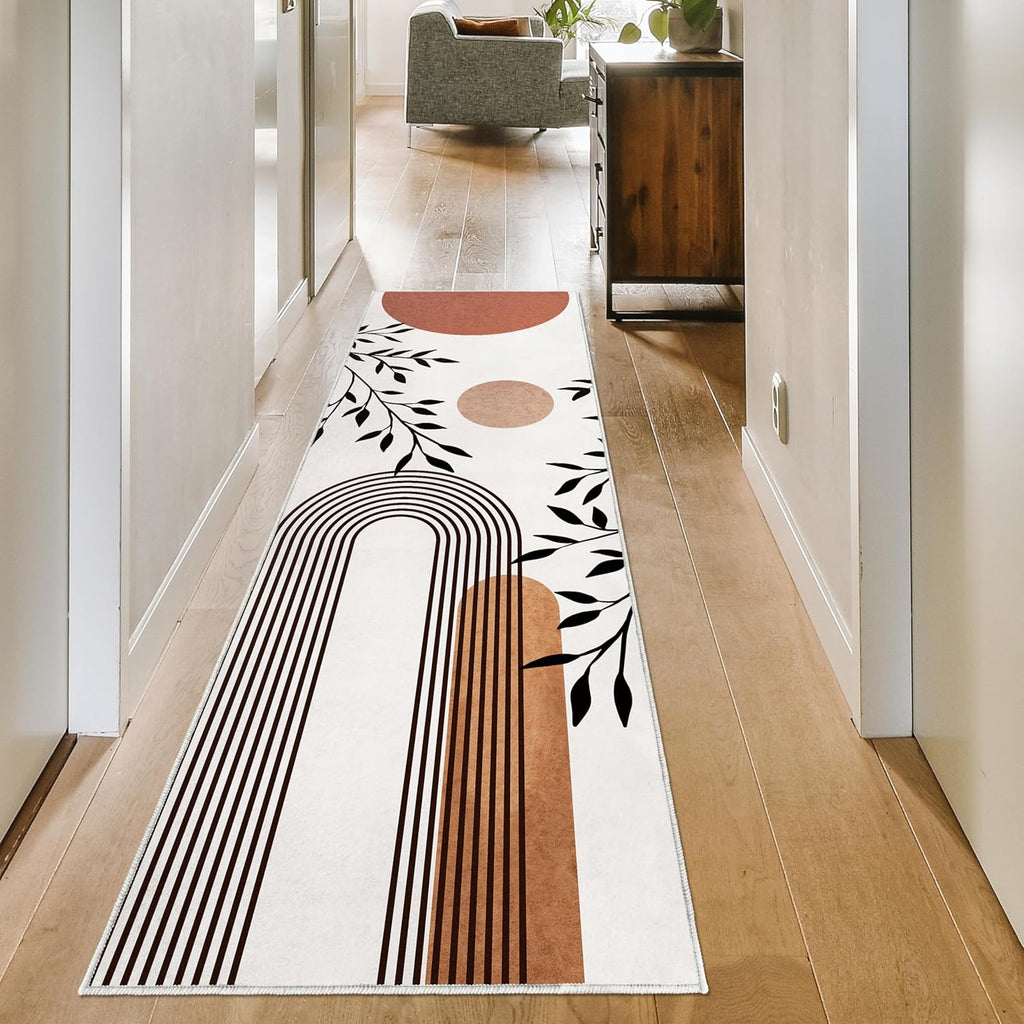 Boho Runner Rug 2x6 for Hallway Beige Abstract Modern Home Decor Soft Throw Carpet Non Slip Entryway Mat Washable Area Rug for Laundry Bedroom Bathroom (Brown, 2' x 6')