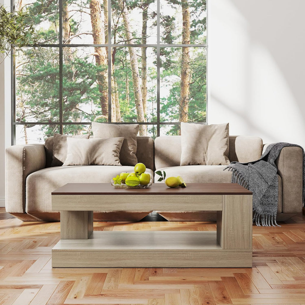 Miereirl Farmhouse Coffee Table with Storage Shelf, 2-Tier Wood Rustic Center Table with LED Light, 47” Rectangular Tea Tables for Living Room, Apartment, Office,Walnut &Light Ash White