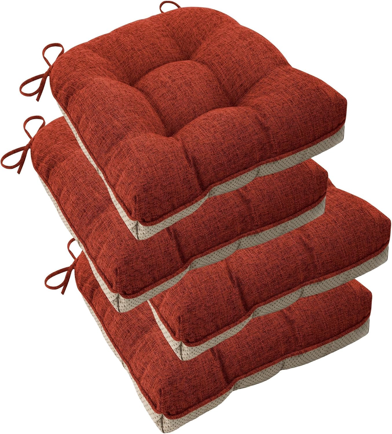 ELFJOY Chair Cushions for Dining Chairs 18" x 18" x 3" Kitchen Chair Cushions Set of 4 Tufted Chair Pads with Ties and Non-Slip Backing Comfortable Seat Cushion for Indoor Dining Room (Rust)
