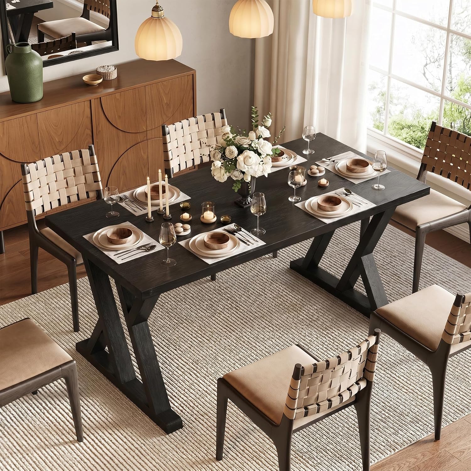 Solid Wood Dining Table for 4-6 People, 63 Inches Wooden Farmhouse Rectangular Kitchen Dinner Table with Heavy-Duty Legs for Home, Living Room, Dining Room, Black