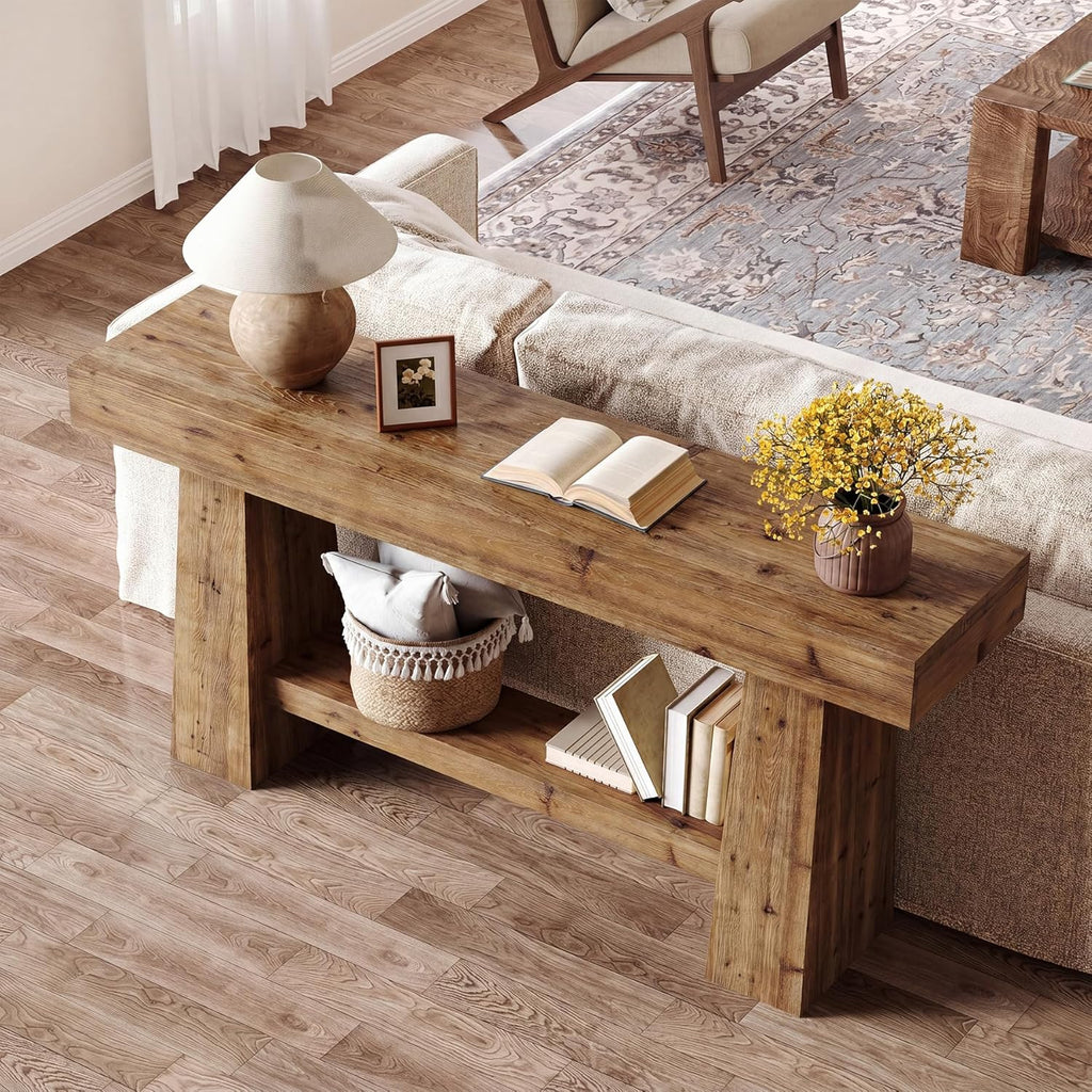 Solid Wood Console Table, 63-Inch Entryway Table with Storage, Long Wooden Sofa Table Behind Couch for Entryway, Hallway, Foyer, Living Room, Natural Wood