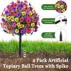 Artificial Outdoor Flowers with Stake, 2 Pack 22" UV Resistant Violet Faux Flower Balls, Realistic Artificial Flowers for Outdoor Porch Garden Yard Indoor Home Decor (Red Rose Purple Yellow)