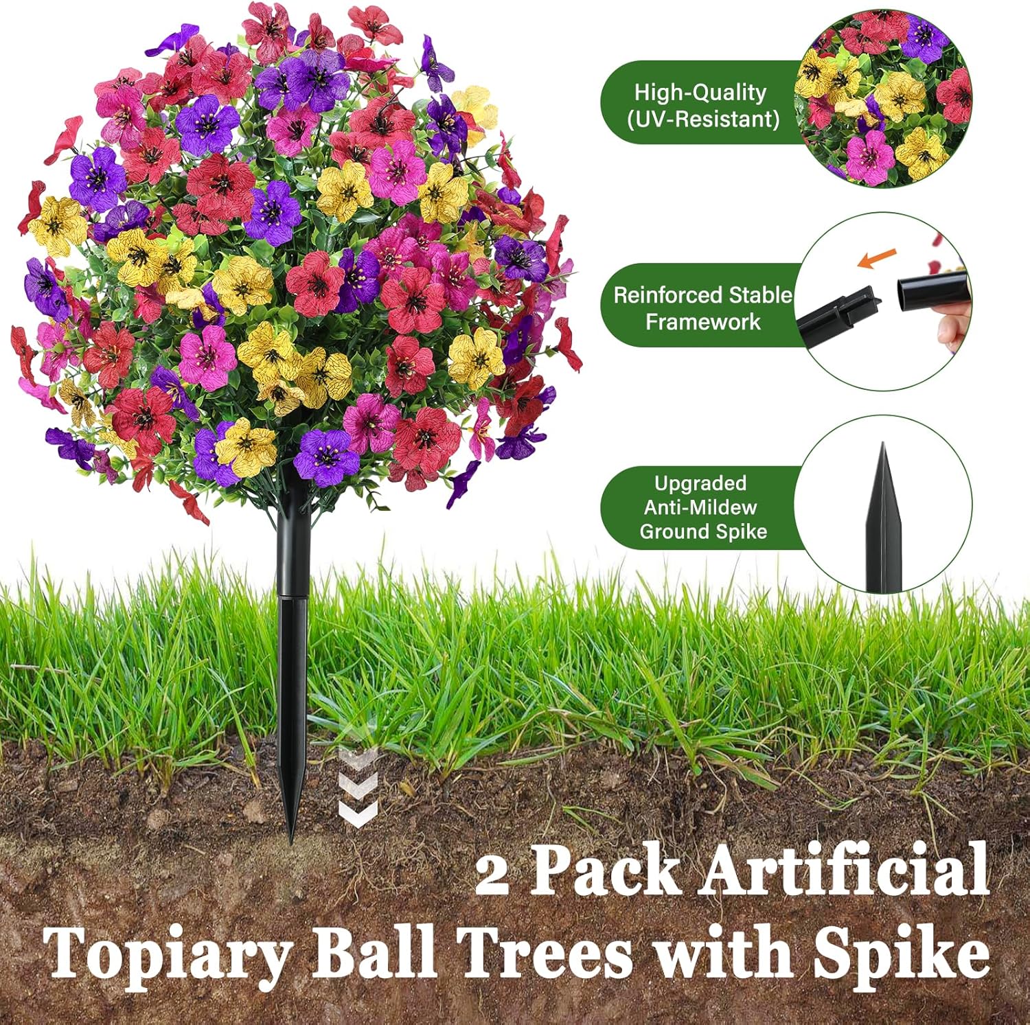 Artificial Outdoor Flowers with Stake, 2 Pack 22" UV Resistant Violet Faux Flower Balls, Realistic Artificial Flowers for Outdoor Porch Garden Yard Indoor Home Decor (Red Rose Purple Yellow)