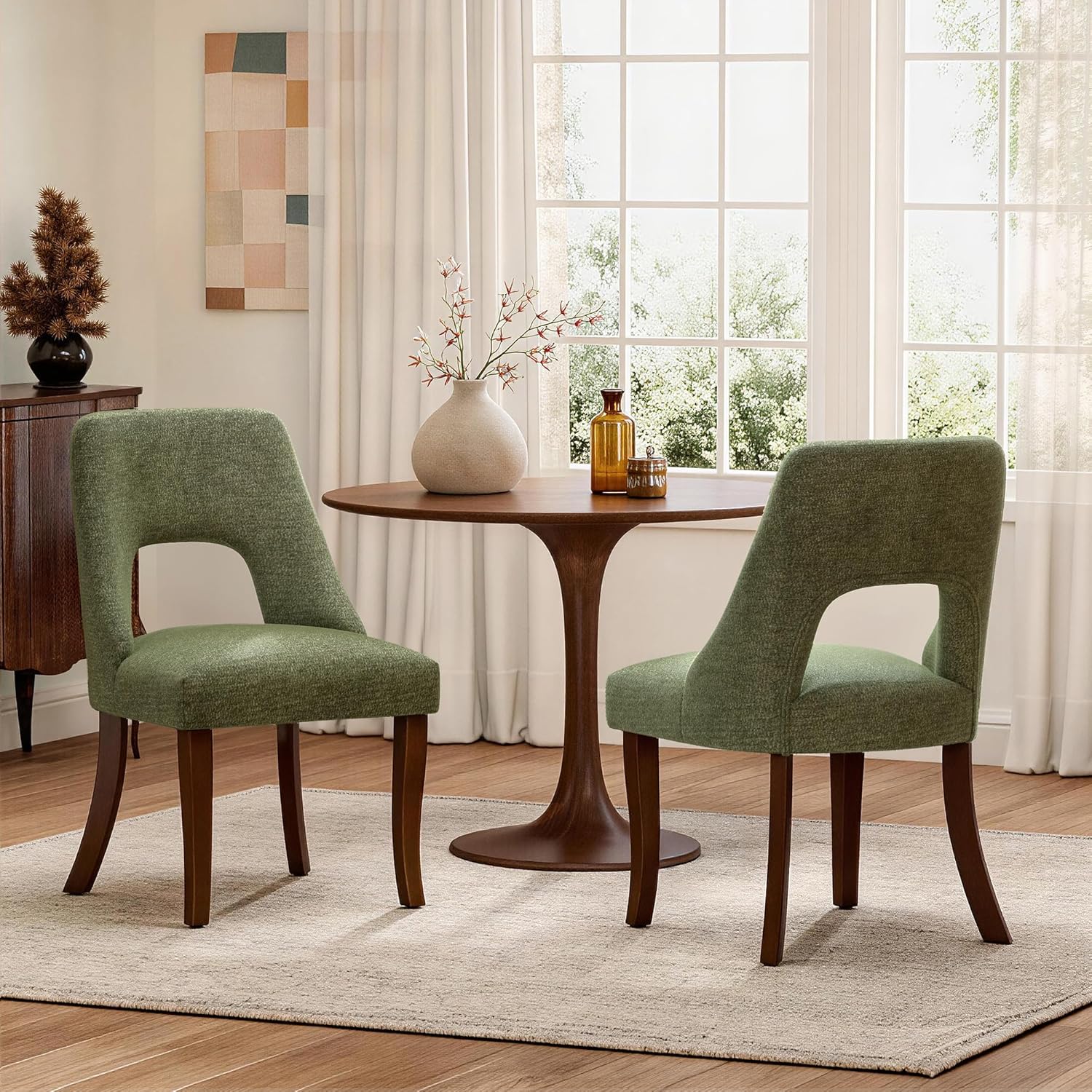 AQO Wooden Dining Chairs Set of 4, Mid Century Upholstered Kitchen Chairs Dining Room Chairs, Chenille Farmhouse Kitchen Chairs Dinner Chair for Kitchen Dining Room, Green
