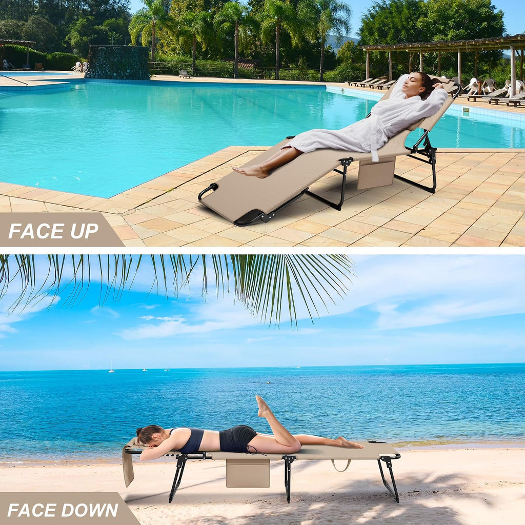 400lbs Tanning Chair with Face Hole, 5-Position Folding Chaise Lounge Chair with Side Pockets, Portable Beach Lounge Chair for Outdoor Sunbathing Patio Pool Lawn, Beige