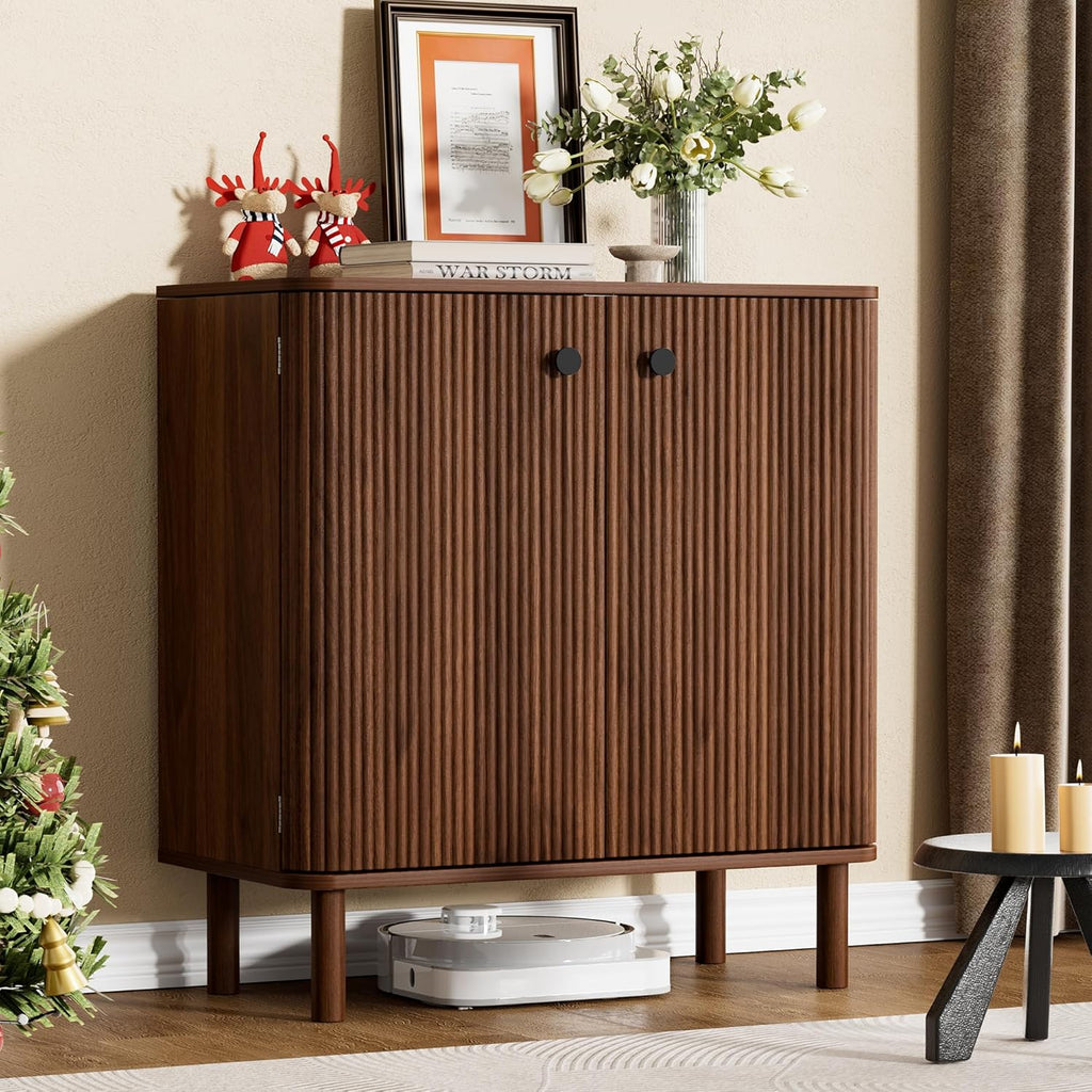 Fluted Sideboard Cabinet, Modern Buffet Cabinet, Small Storage Cabinet with Adjustable Shelves & Wood Legs, Accent Credenza Sideboard for Kitchen, Coffee Bar, Living Room, Entryway, Hallway